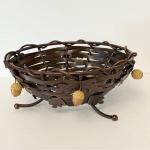 Large Heavy Woven Copper Footed Bowl Decor Basket Adorned With Acorns 10”